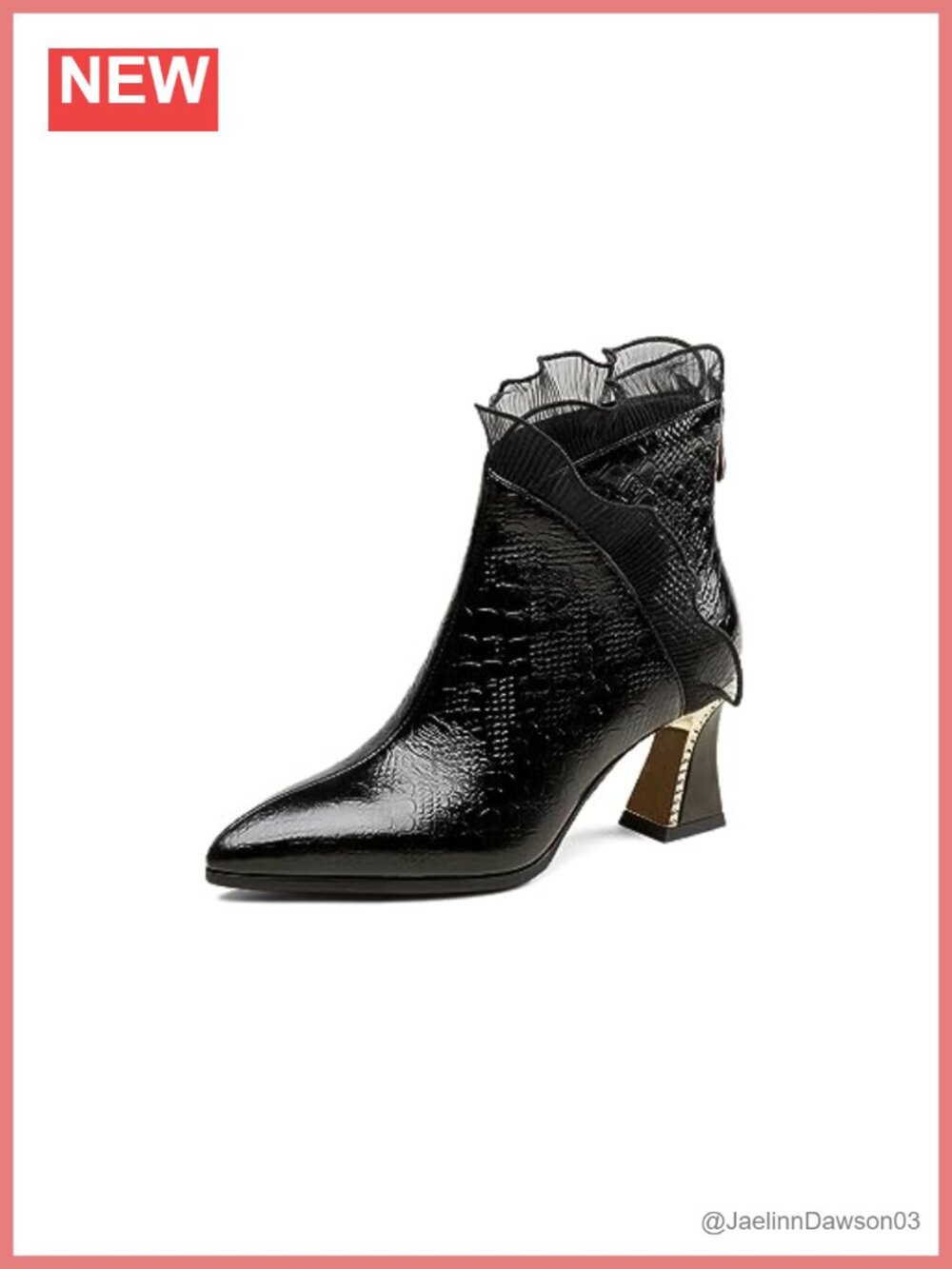 Pointed Toe Leather Ruffle Ankle Boots Mid Block Heel Dress Booties